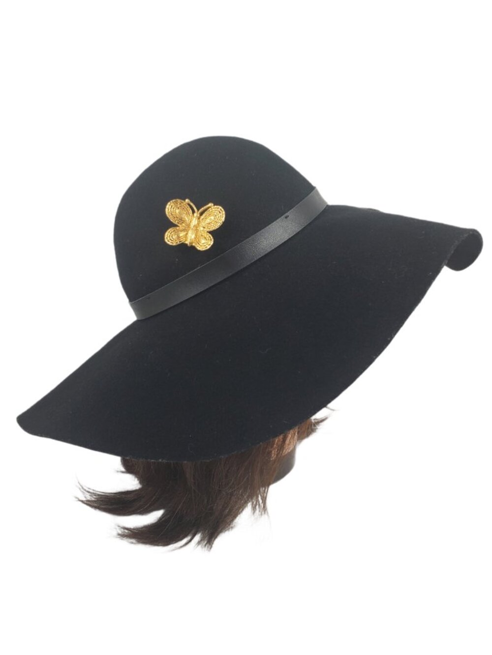 H&M Black Wide Brim Hat 100% Wool w/ Gold Butterfly Brooch - Size S/54 21"
